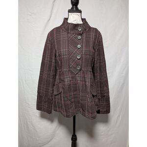 DKNY Jeans Women's Brown Purple Plaid Jacket Faux Leather Buttons Size Large